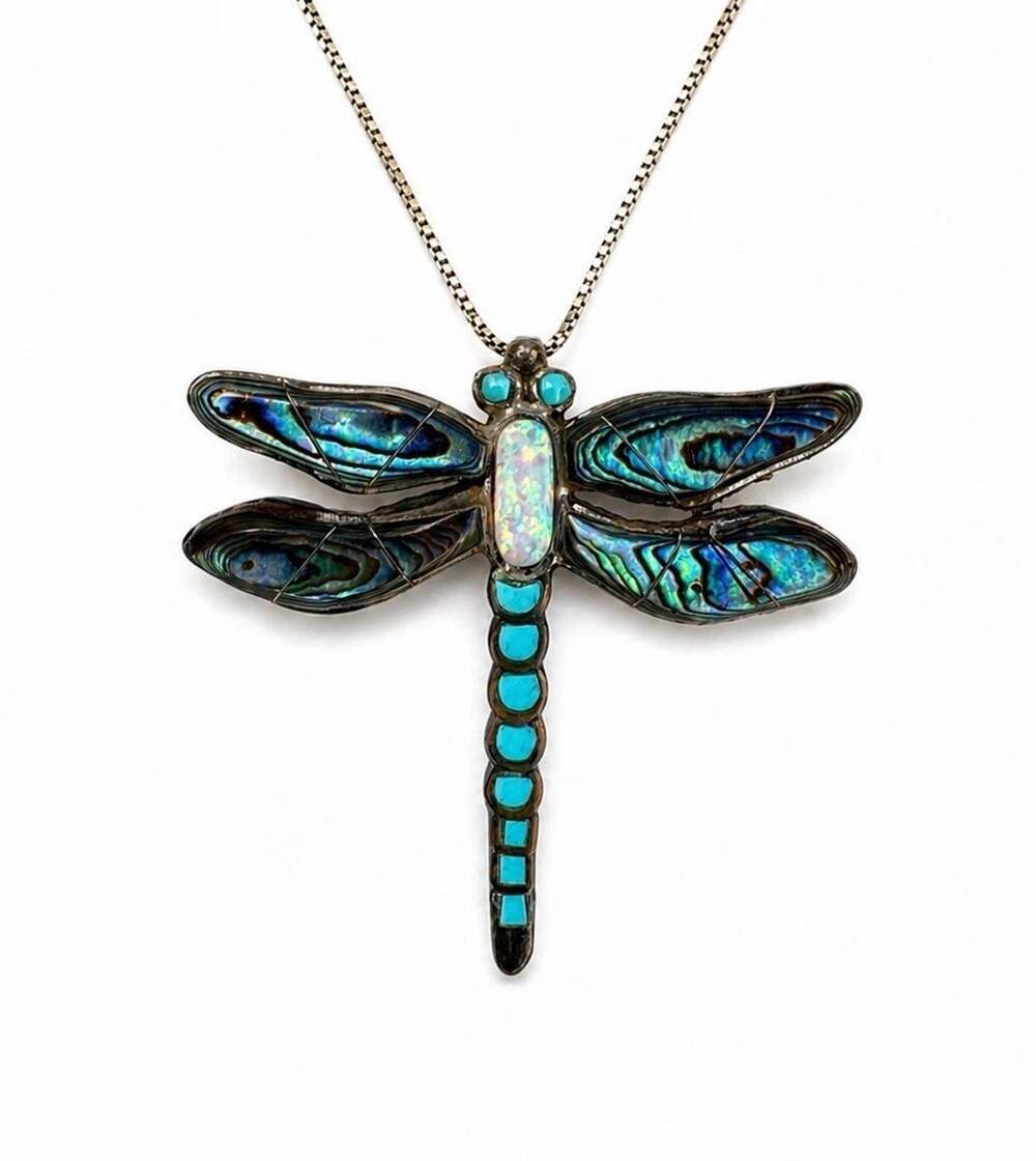 Vintage Sterling Silver Dragonfly Necklace 925 Abalone Opal Turquoise Brooch